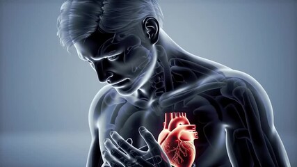 Medical illustration of man with chest pain, heart highlighted, concept of heart attack, myocardial infarction, and cardiovascular disease