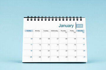 January 2026 Monthly desk calendar for 2026 year on soft blue color background.