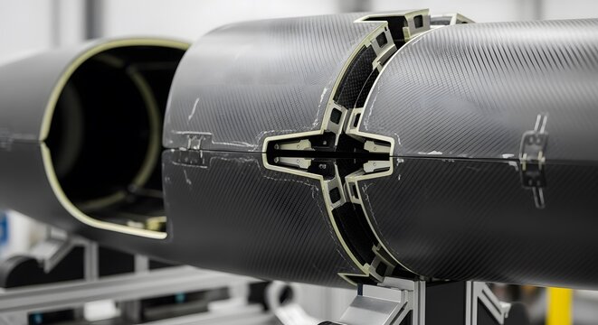 Close-up view of a meticulously crafted carbon fiber structure, showcasing its intricate design and robust construction. The detailed image reveals the seamless joining of components.