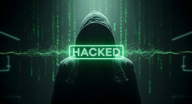 Anonymous Hacker with “Hacked” Neon Sign