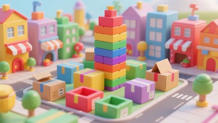 Colorful Wooden Toy Building Blocks and Miniature Town Model for Children's Play and Education
