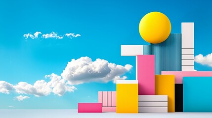Vibrant geometric shapes and colorful sun modern art installation urban setting abstract environment aesthetic viewpoint contemporary concept for seo impact