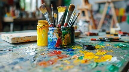 Fototapeta premium Artistic exploration of colorful paintbrushes in a creative studio environment inspiring artistic expression and imagination