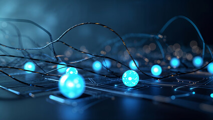 Glowing blue orbs and wires create a futuristic, tech-inspired design.