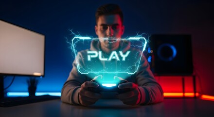 Gamer with illuminated “Play” controller