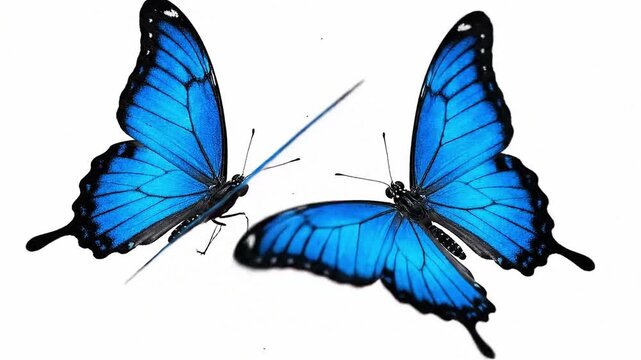 Three blue butterflies are arranged against a white background wings fully open