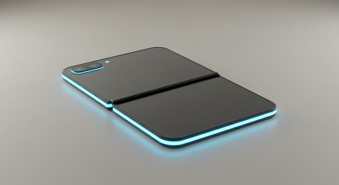 A flip phone with a glowing edge lies on a plain surface