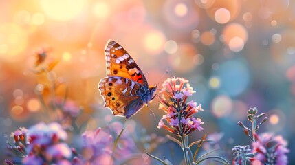 Obraz premium A painted lady butterfly resting on a cluster of small pink flowers in a field of wildflowers