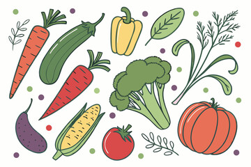 Collection of colorful hand drawn vegetables and herbs with decorative elements