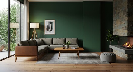 Obraz premium Chic Modern Living Room: Deep Green Walls, Stone Fireplace, and Natural Light