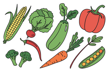 Collection of colorful hand drawn vegetables on a white background