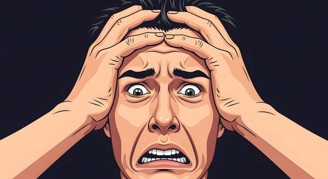 Vector illustration of a man's face showing extreme shock and terror, clutching his head in panic. Comic style art depicting anxiety and stress.