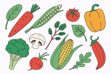 Collection of colorful hand drawn vegetables on a white background