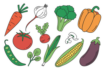 Collection of colorful hand drawn vegetables on a white background