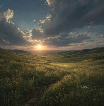 Vast grassy plain at sunset.  Sunlit clouds over rolling hills