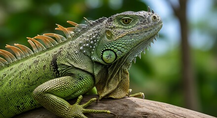 Fototapeta premium Detailed Portrait of a Majestic Green Iguana with Vivid Scales and Orange Crest