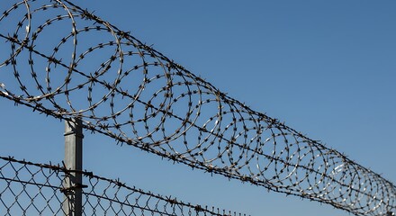 Diagonal View of Imposing Razor Wire Coils on a Fence Against a Blue Sky
