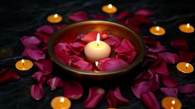 Candle in a golden bowl with red rose petals and flickering tealights on a dark marble surface.