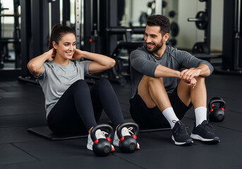 Obraz premium Young woman doing situps with kettlebells and a man sitting next to her in a gym looking at her smiling