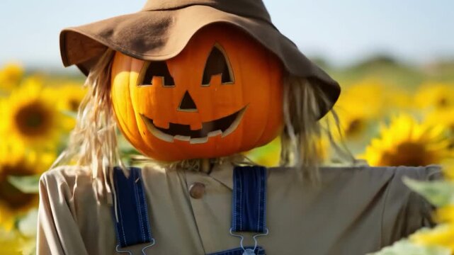A festive scarecrow with a carved pumpkin head and a floppy hat stands in a vibrant field of sunflowers on a sunny day.