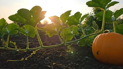 A vibrant orange pumpkin ripens on a sprawling vine in a sunlit agricultural field during an autumn sunset, symbolizing the harvest. - Powered by Adobe