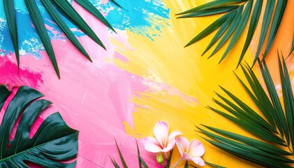 A vibrant painting featuring lush tropical leaves and colorful flowers, set against a warm orange background that enhances the vivid hues and textures.