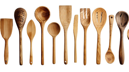 Rustic Wooden Cooking Utensils on Transparent Background

