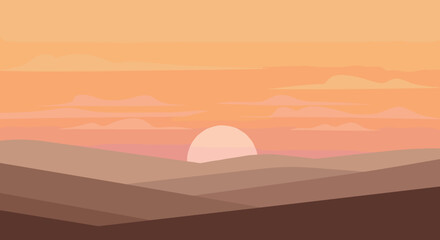 Sunset over rolling hills nature landscape serene environment warm colors peaceful viewpoint tranquility concept. Vector illustration