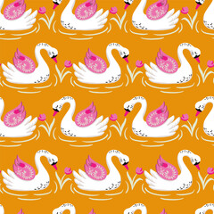 Swans and Flowers Vector Seamless Pattern