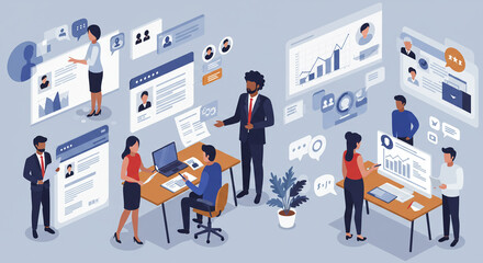 Professional team managing business analytics and human resources on interactive digital displays.