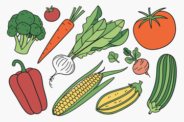 Assortment of fresh vegetables in a whimsical hand drawn style
