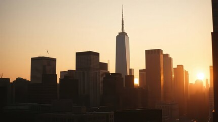 Fototapeta premium Vibrant Stylized Sunset Over New York City Skyline in Digital Illustration, Generative AI