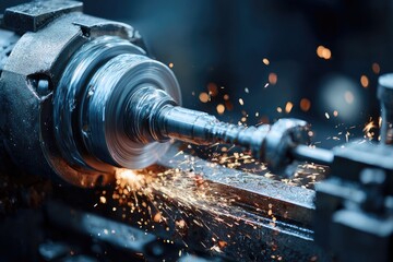 Metalworking machine in action. Sparks fly as a metal rod is processed
