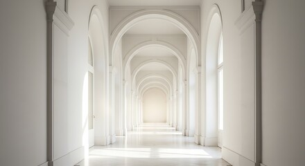 Obraz premium Ethereal Vanishing Point of a Sunlit White Arched Hallway