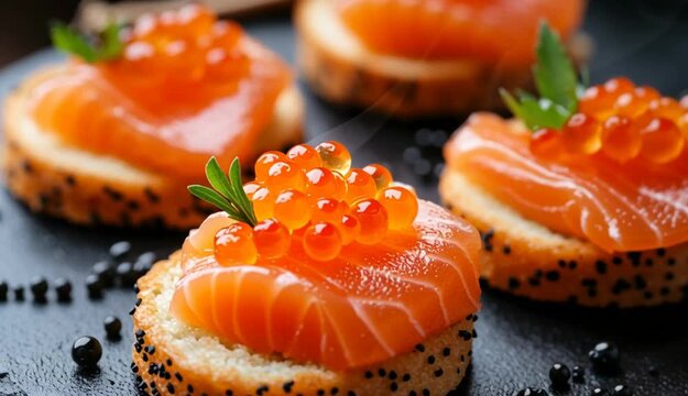 Delicious canapes with salmon and caviar on black textured table