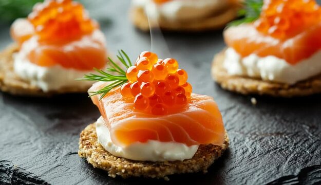 Delicious canapes with salmon and caviar on black textured table