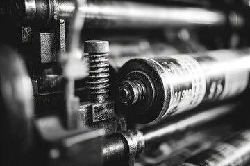 Close-up of vintage printing press machinery.  Complex, intricate metal parts, gears, and rollers are visible, focusing on a detailed adjustment mechanism.  Industrial,  meticulous detail