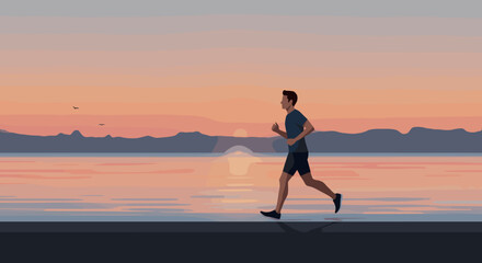 Morning jogging by the serene lakeside lifestyle image tranquil environment inspirational viewpoint. Vector illustration
