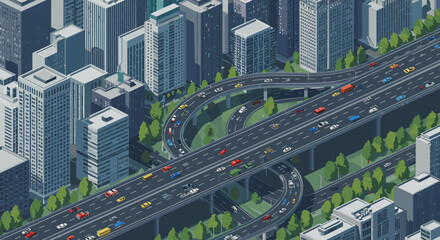 Traffic flow dynamics on urban highway cityscape digital illustration modern environment aerial view transportation concept. Vector illustration