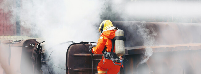 Banner Firefighter Rescue team training in fire fighting. Panorama Teamwork Firefighter fighting...