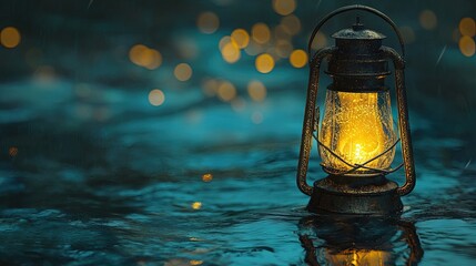 A vintage lantern illuminating a dark, rainy scene.