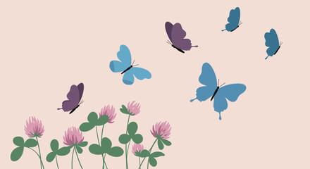 Fototapeta premium Butterflies dancing over wildflowers nature scene digital art soft pastel background aesthetic viewpoint. Vector illustration