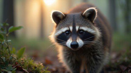 Fototapeta premium Close up raccoon face misty forest background soft morning light
