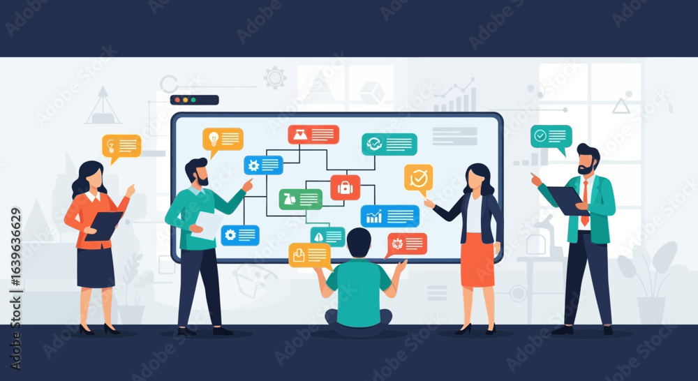 Poster collaborative team mapping business processes with workflow diagram