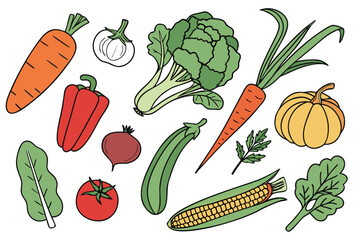 Collection of colorful cartoon vegetables on a white background