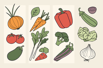 Collection of colorful hand drawn vegetables on a cream background
