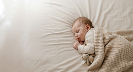 Infant sleeping peacefully under a blanket on a soft bed  