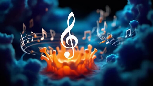 An animated image of musical notes and a treble clef emerging from a splash of orange liquid.