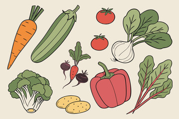 Collection of fresh vegetables in a simple hand drawn style