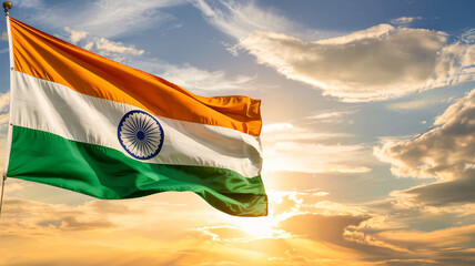 India's vibrant flag waves proudly against a stunning sunset, symbolizing freedom and national pride